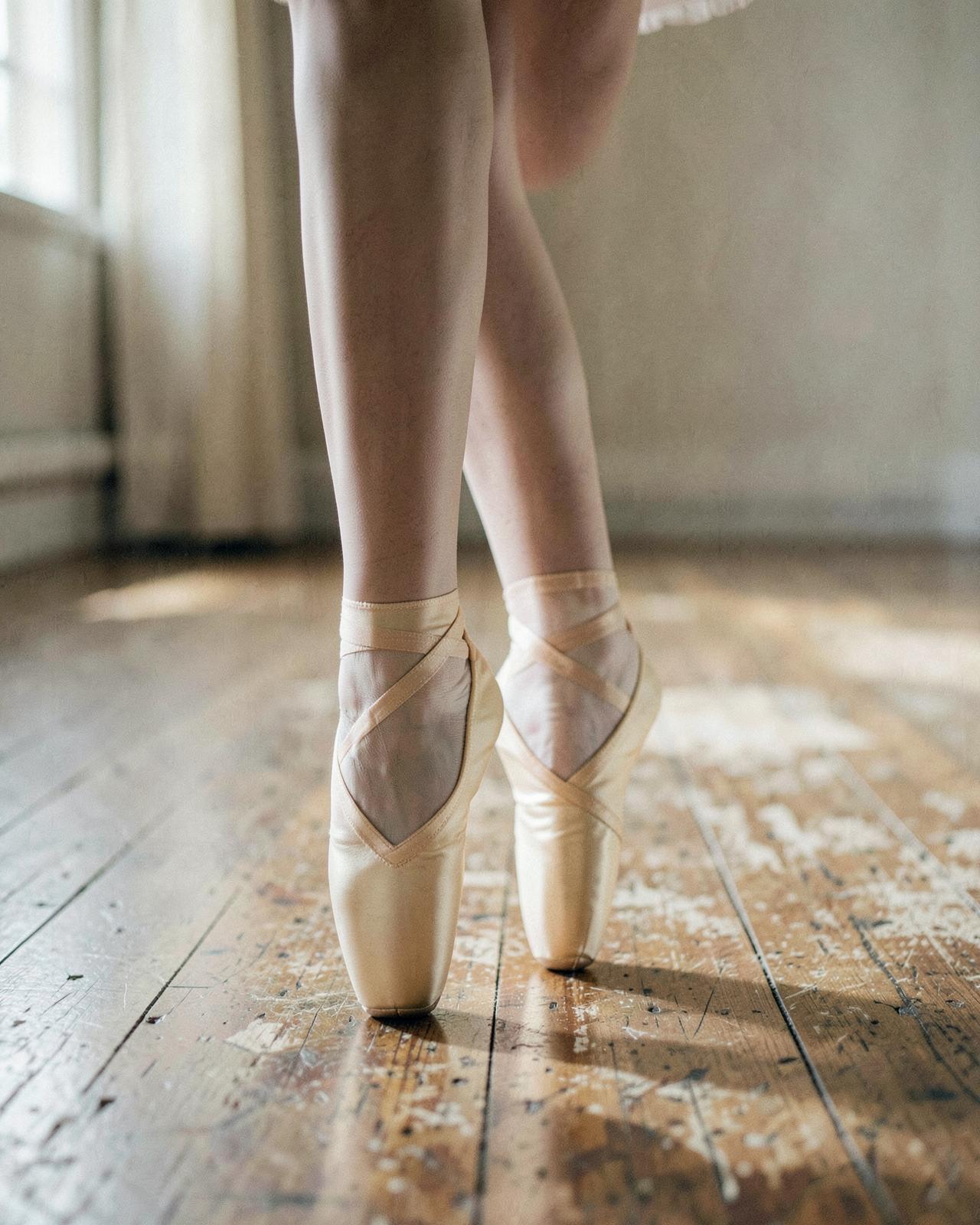 Dettaglio di scarpette da punta di un'allieva del corso di danza classica in studio