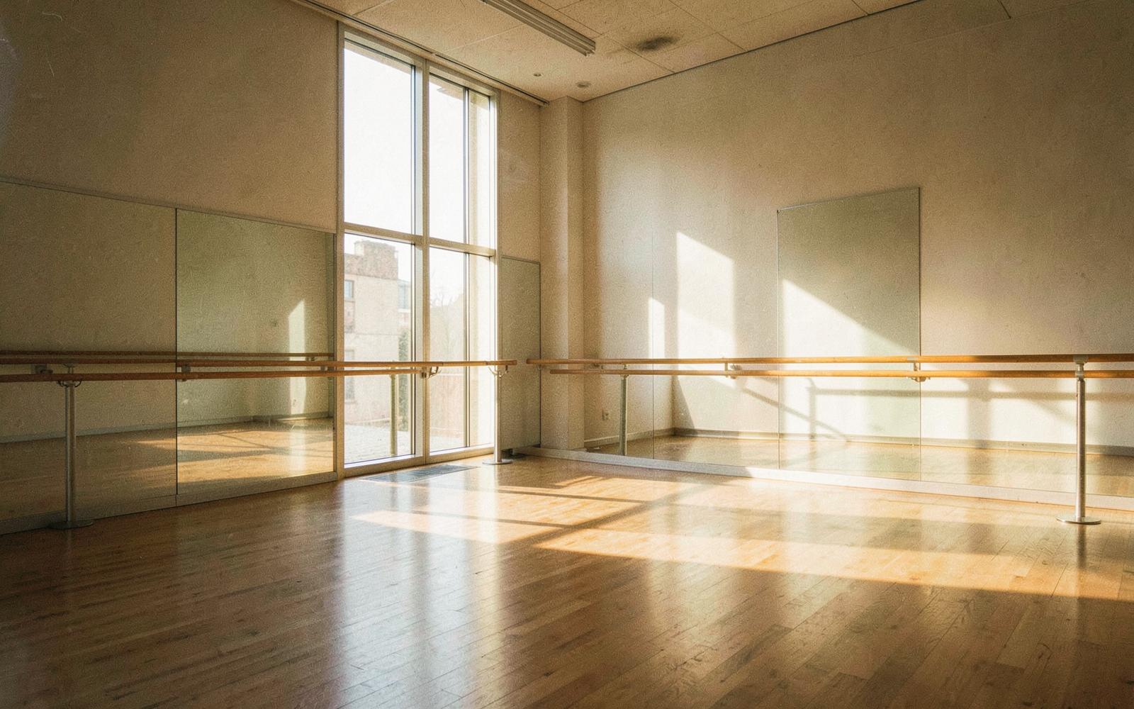 Sala di danza di MOVA Dance Studio con parquet, barra e specchi